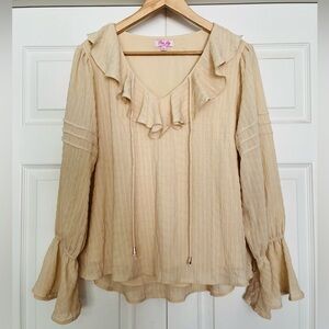 {Pink Lily} Long Bell Sleeve Ruffle V Neckline Boho Blouse in Cream - Size Large